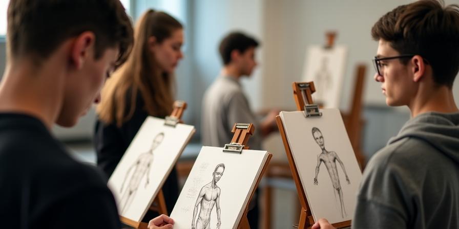 Students practising gesture figure drawing in a life drawing preparation class