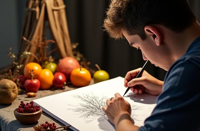 Student drawing a still life arrangement with light and shadow at PrimeDraw Ireland